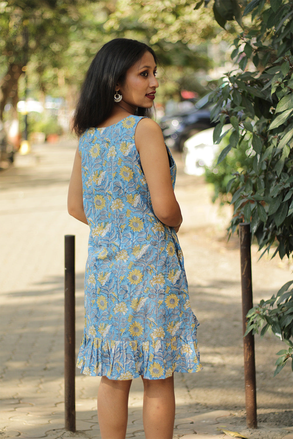 Manchali | Frilled Dress | Blue & Yellow Floral Sanganeri