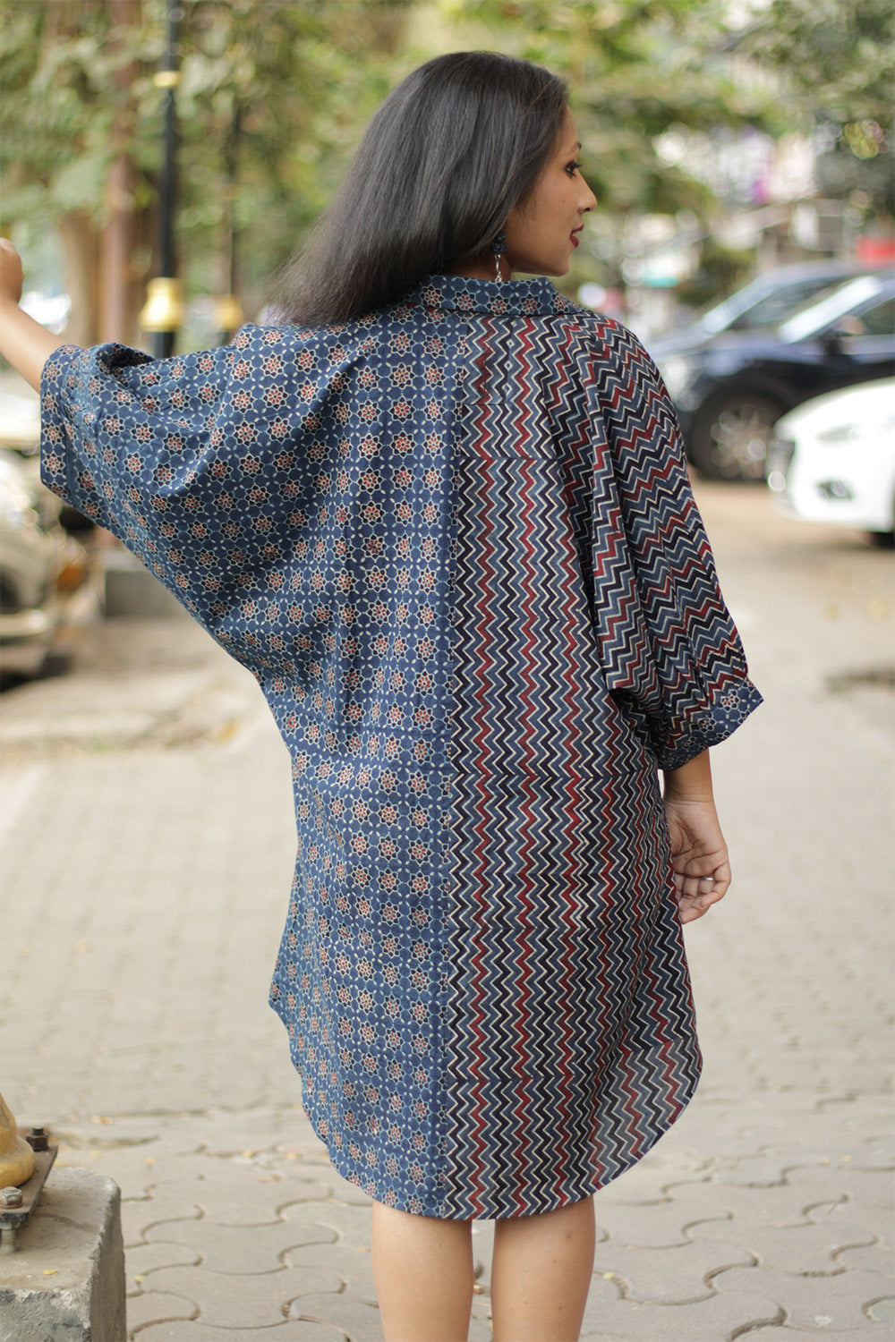 Dhaariyan | Maati | Belted Shirt Dress | Blue Trellis & Chevron Ajrakh