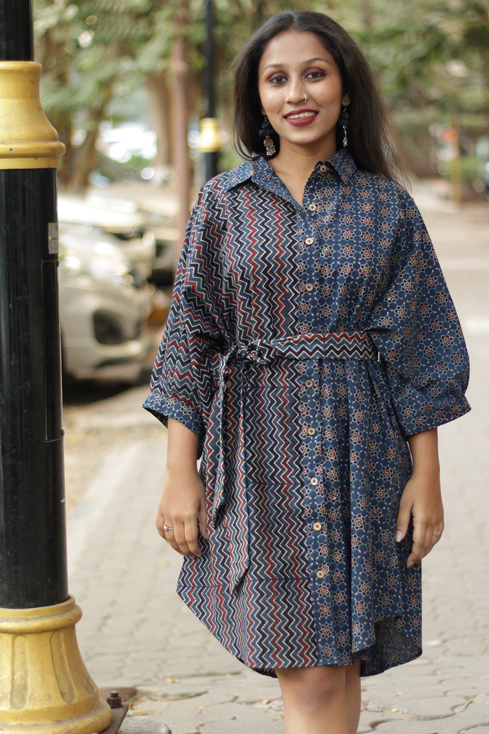 Dhaariyan | Maati | Belted Shirt Dress | Blue Trellis & Chevron Ajrakh