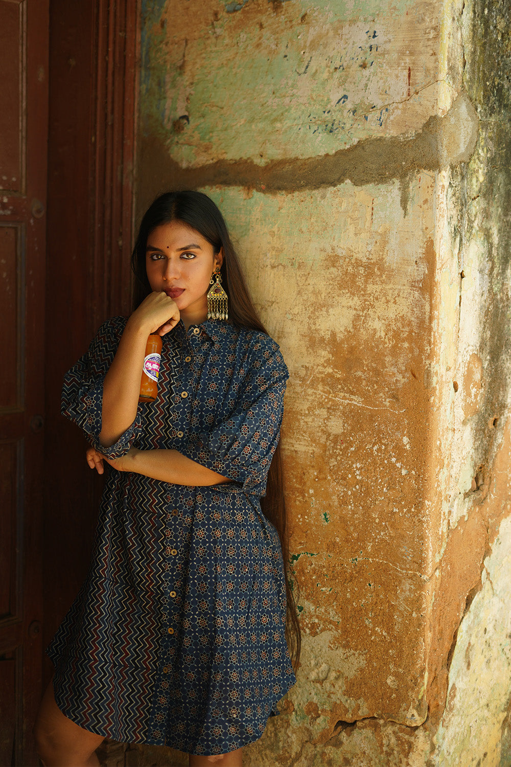 Dhaariyan | Maati | Belted Shirt Dress | Blue Trellis & Chevron Ajrakh