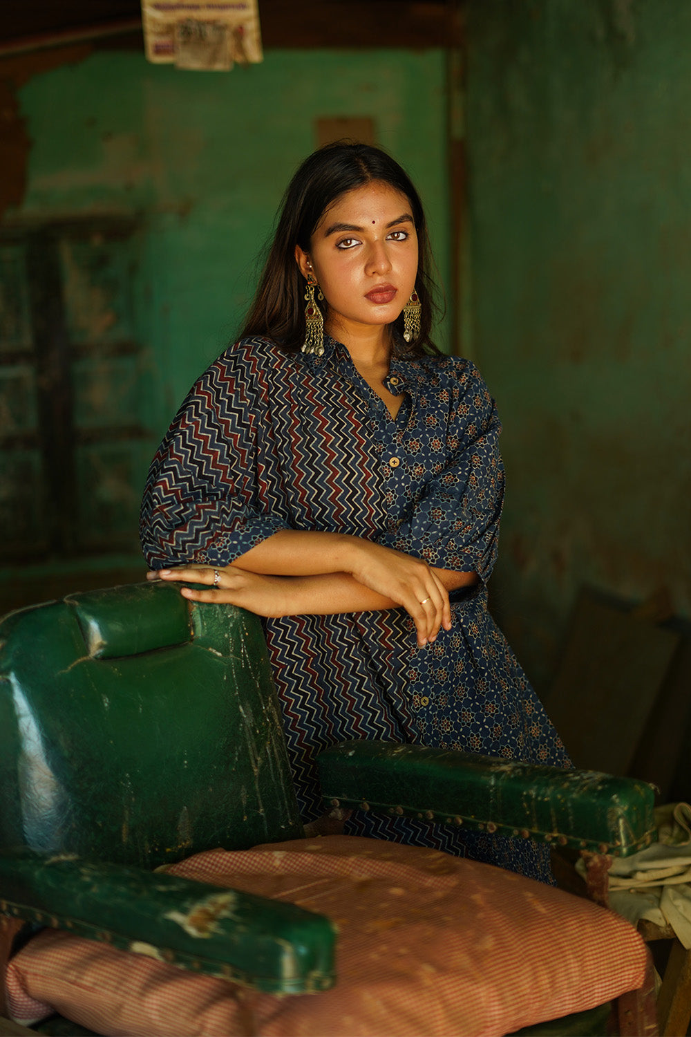 Dhaariyan | Maati | Belted Shirt Dress | Blue Trellis & Chevron Ajrakh