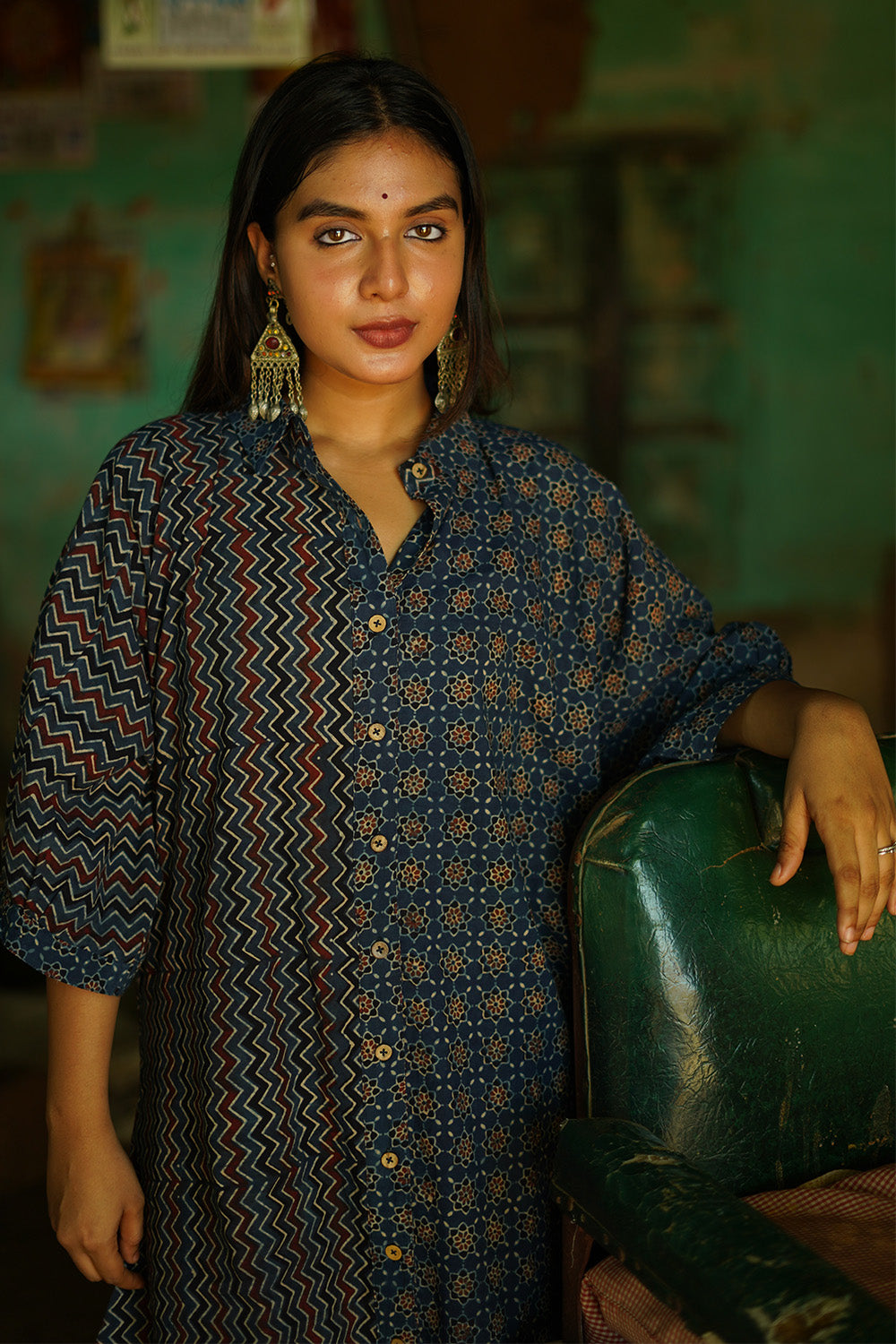 Dhaariyan | Maati | Belted Shirt Dress | Blue Trellis & Chevron Ajrakh