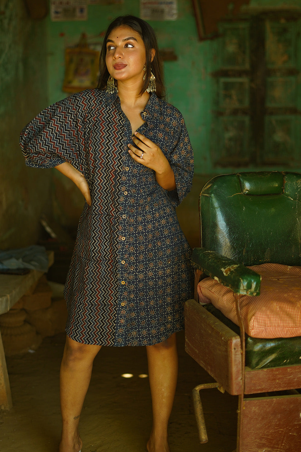 Dhaariyan | Maati | Belted Shirt Dress | Blue Trellis & Chevron Ajrakh