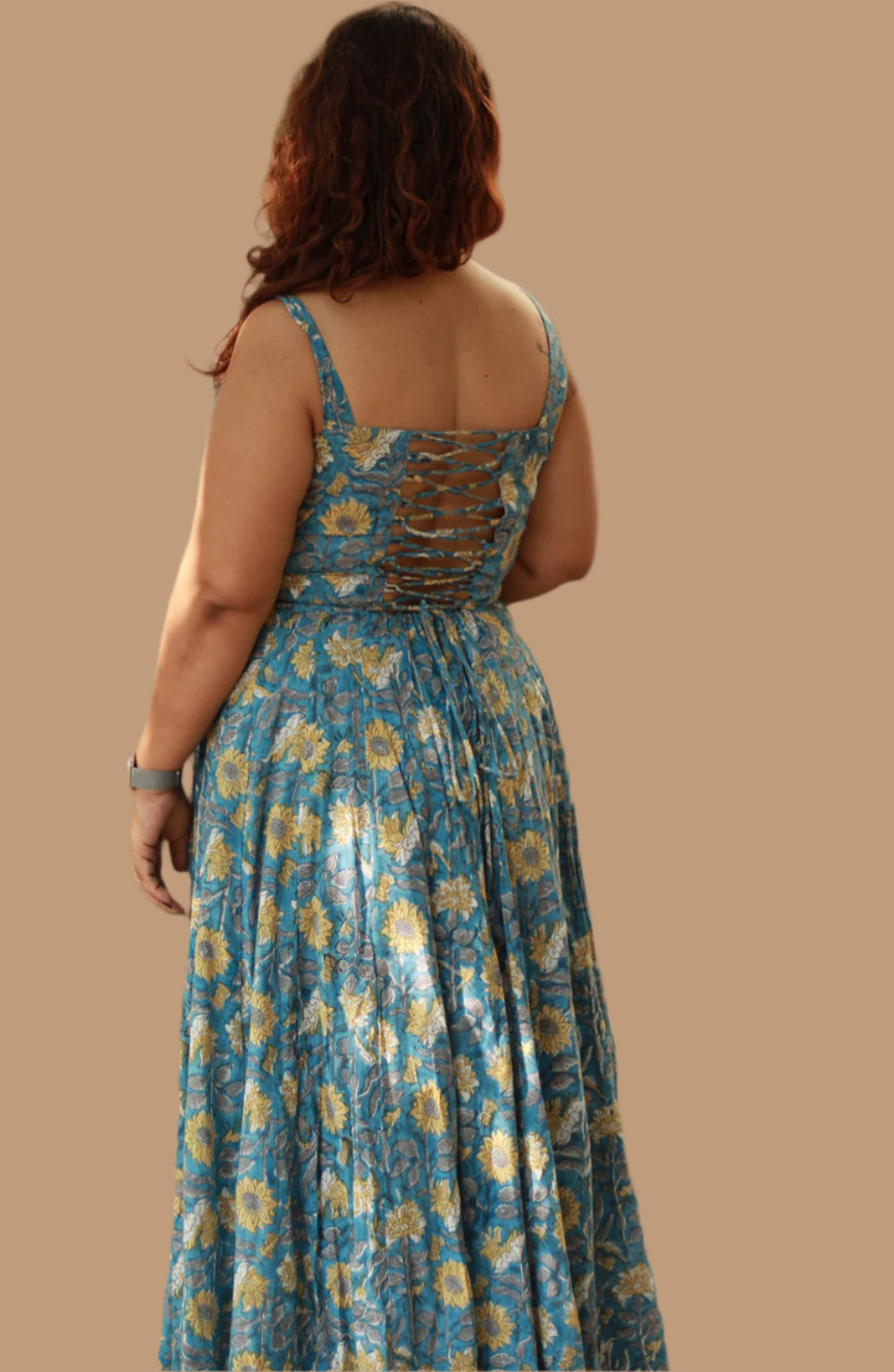 Tarangini | Long Kali Dress | Blue & Yellow Florals Sanganeri
