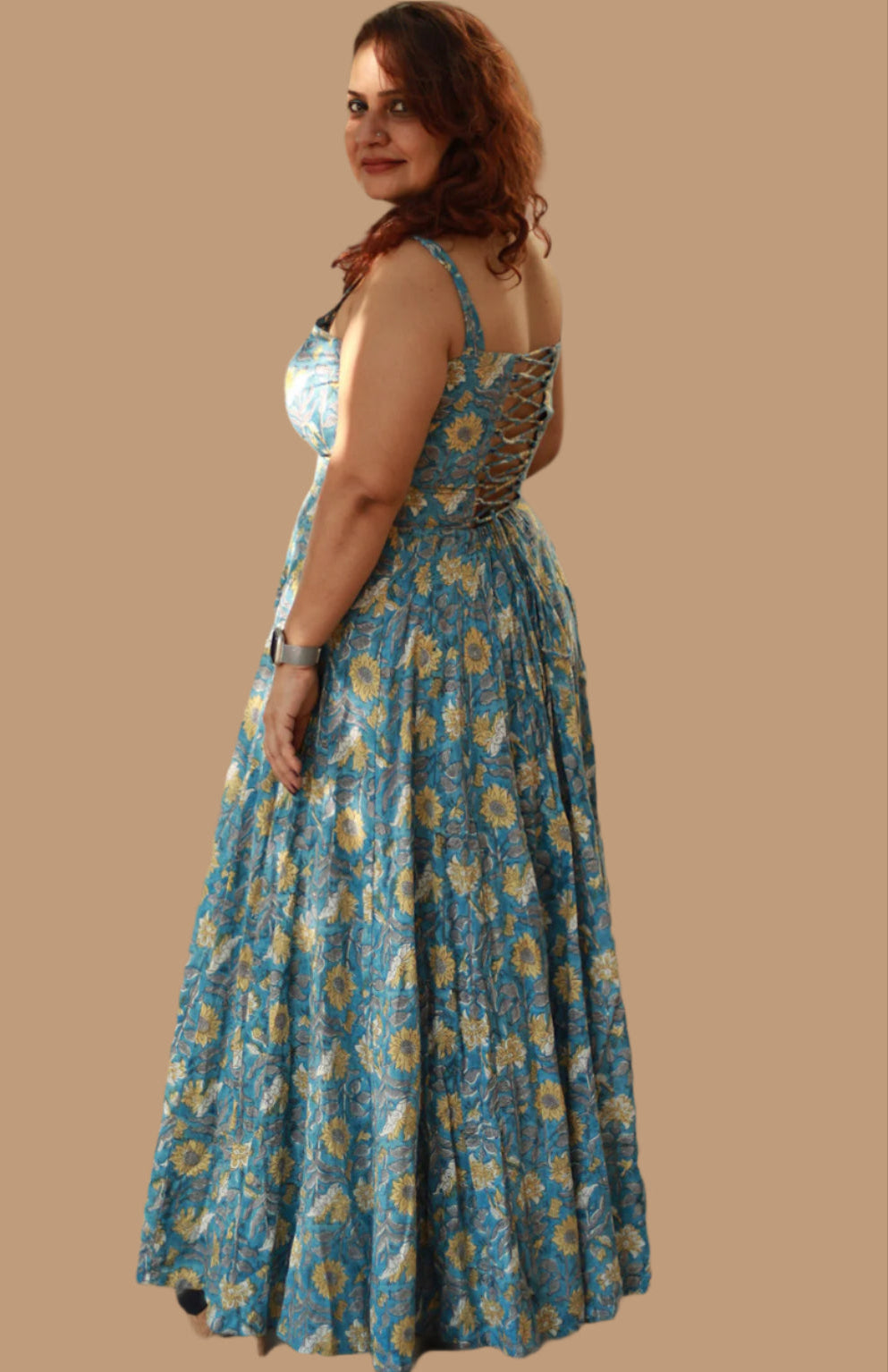 Tarangini | Long Kali Dress | Blue & Yellow Florals Sanganeri
