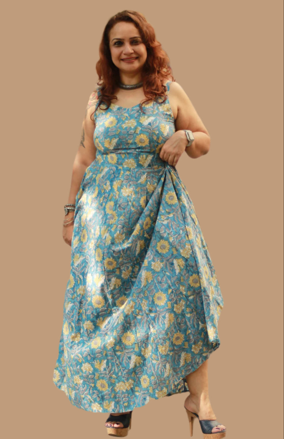 Tarangini | Long Kali Dress | Blue & Yellow Florals Sanganeri