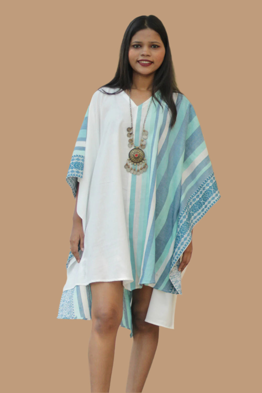 Aasmi | Hi-Lo Kaftan Dress | Aqua Stripes