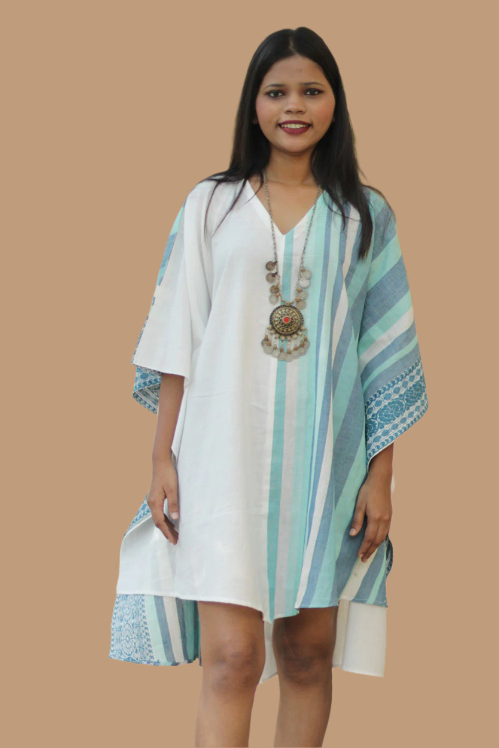 Aasmi | Hi-Lo Kaftan Dress | Aqua Stripes