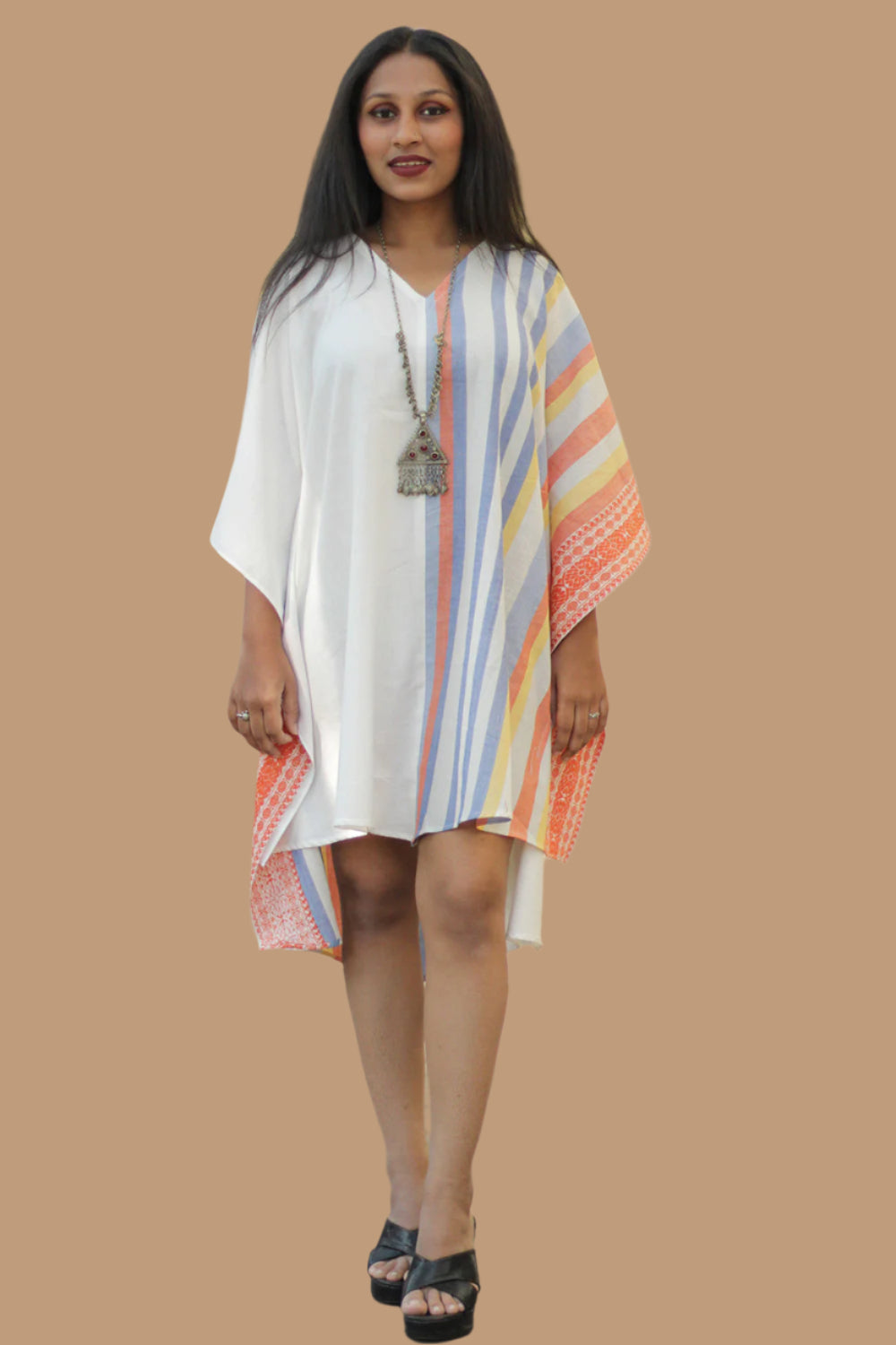 Aasmi | Hi-Lo Kaftan Dress | Orange & Cerulean Stripes