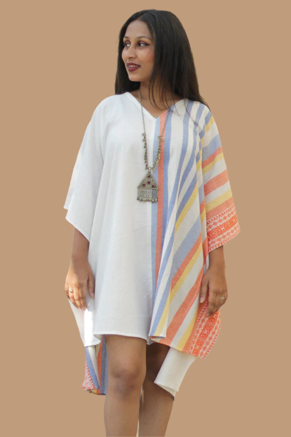 Aasmi | Hi-Lo Kaftan Dress | Orange & Cerulean Stripes