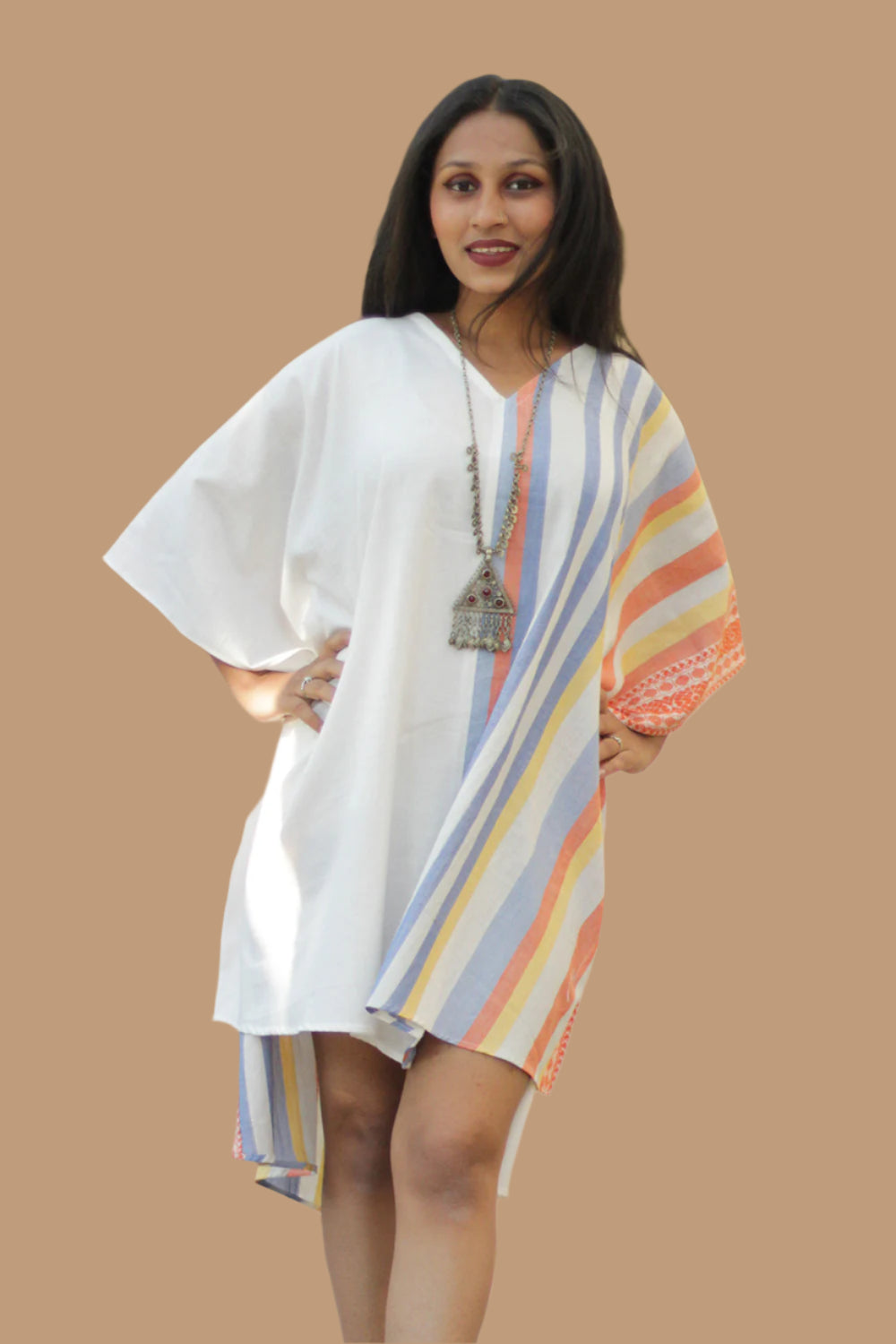 Aasmi | Hi-Lo Kaftan Dress | Orange & Cerulean Stripes