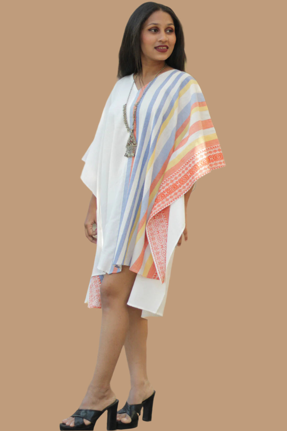 Aasmi | Hi-Lo Kaftan Dress | Orange & Cerulean Stripes