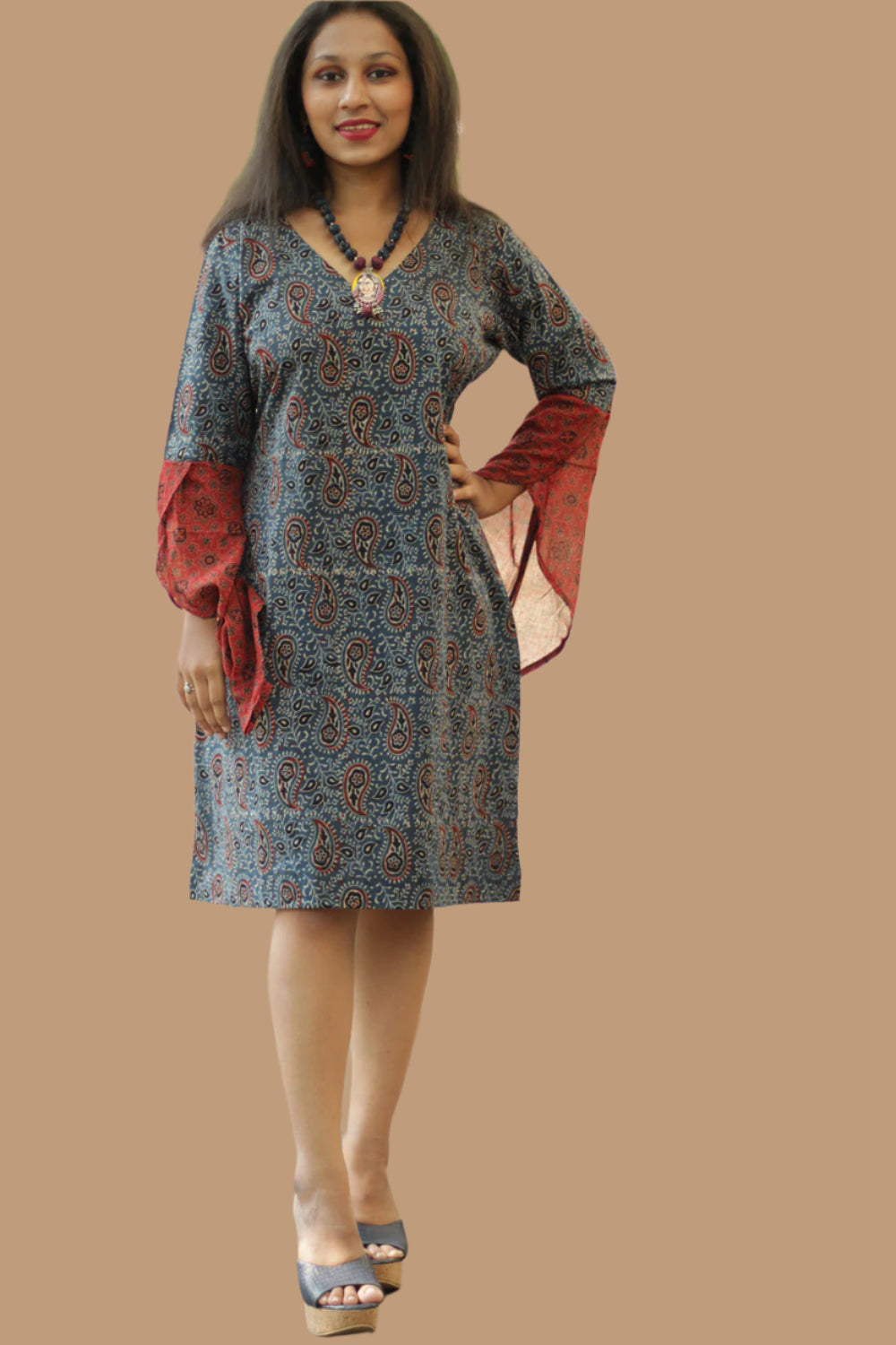 Tulip | Bell Sleeved Dress | Indigo Kairi Ajrakh