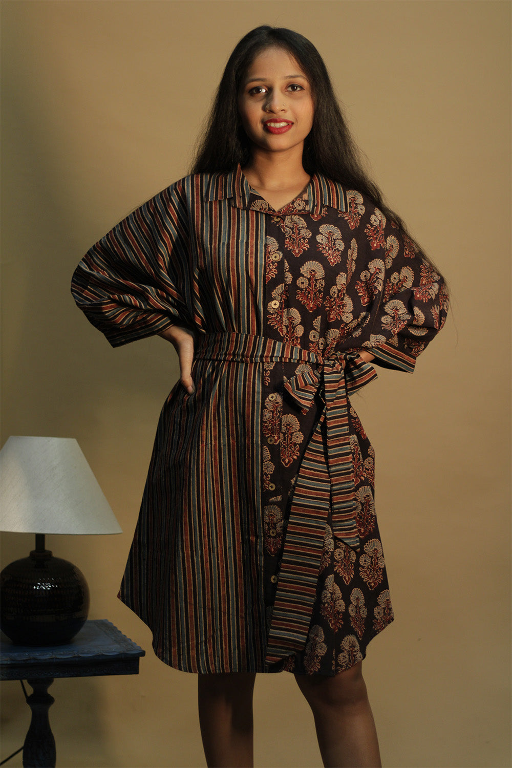 Dhaariyan | Maati | Belted Shirt Dress | Noir Floral & Stripes Ajrakh