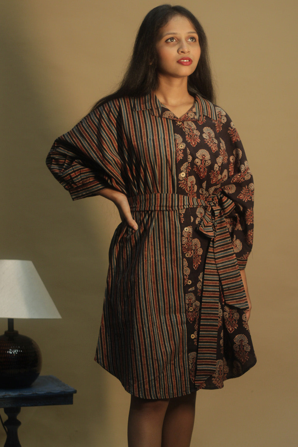 Dhaariyan | Maati | Belted Shirt Dress | Noir Floral & Stripes Ajrakh