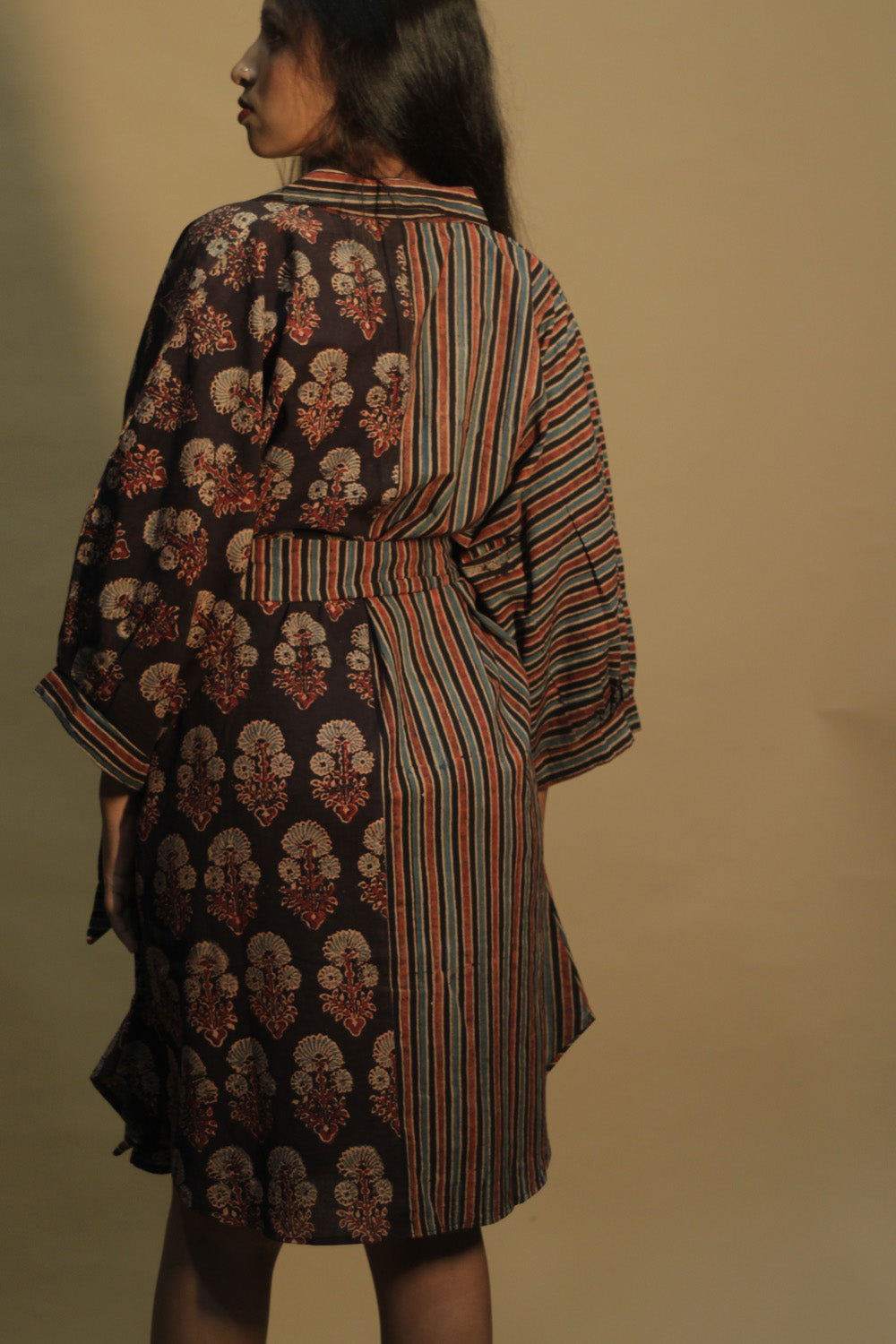 Dhaariyan | Maati | Belted Shirt Dress | Noir Floral & Stripes Ajrakh
