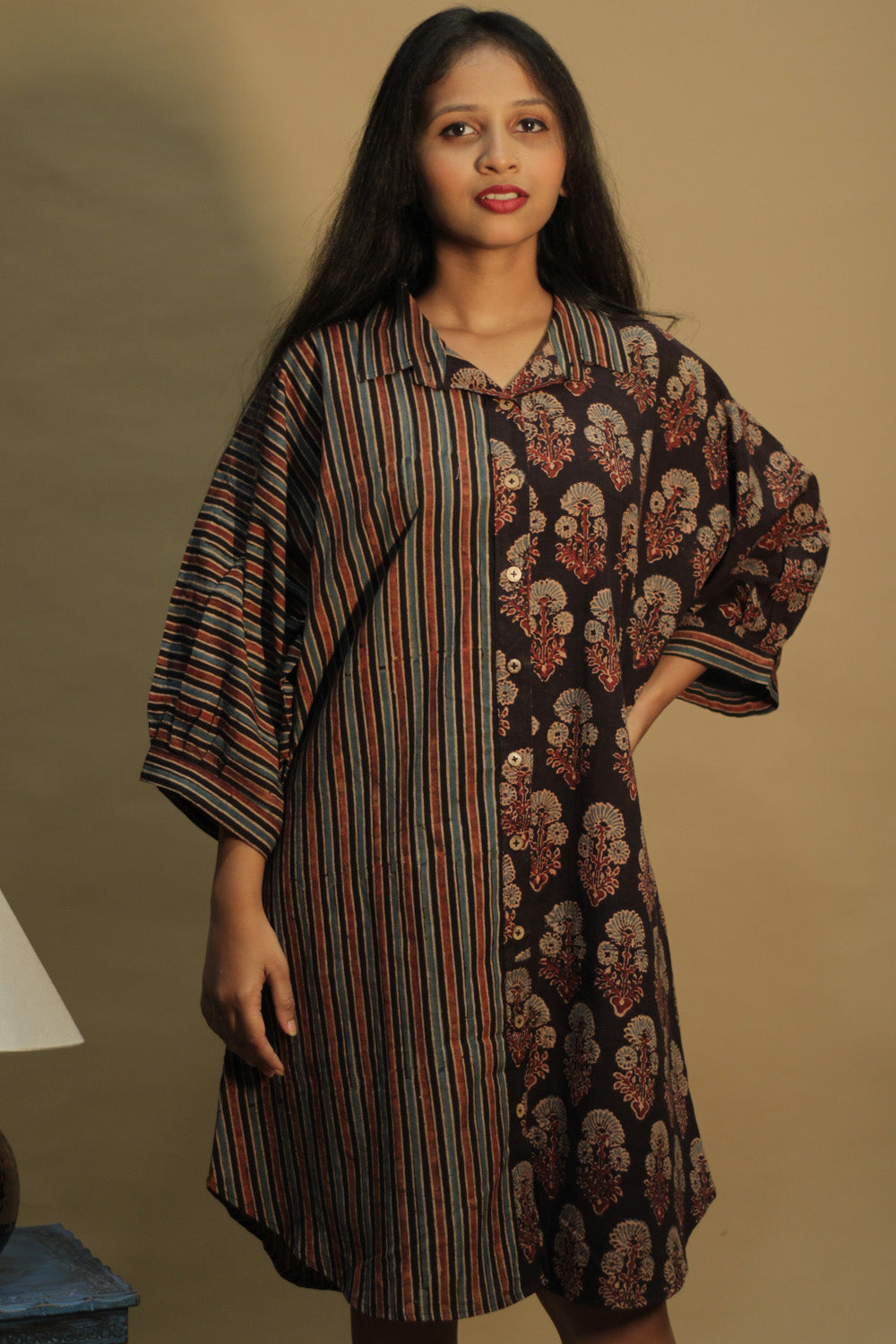 Dhaariyan | Maati | Belted Shirt Dress | Noir Floral & Stripes Ajrakh