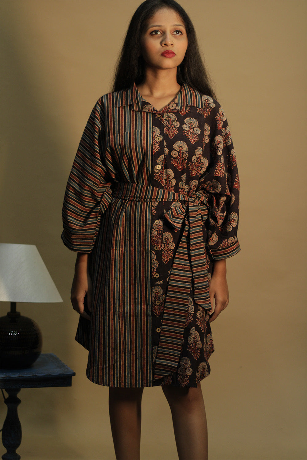 Dhaariyan | Maati | Belted Shirt Dress | Noir Floral & Stripes Ajrakh