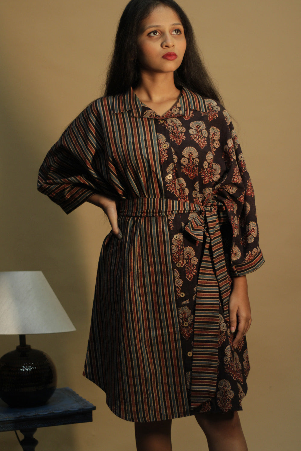 Dhaariyan | Maati | Belted Shirt Dress | Noir Floral & Stripes Ajrakh