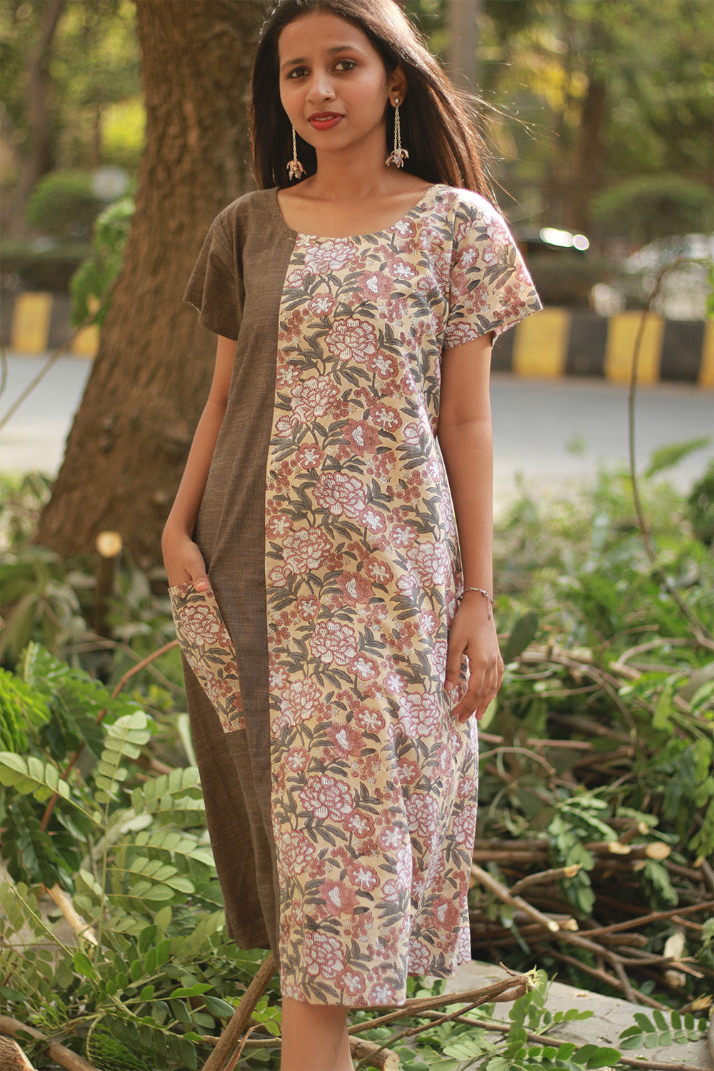 Sukoon | Midi Dress | Brown with Floral Sanganeri