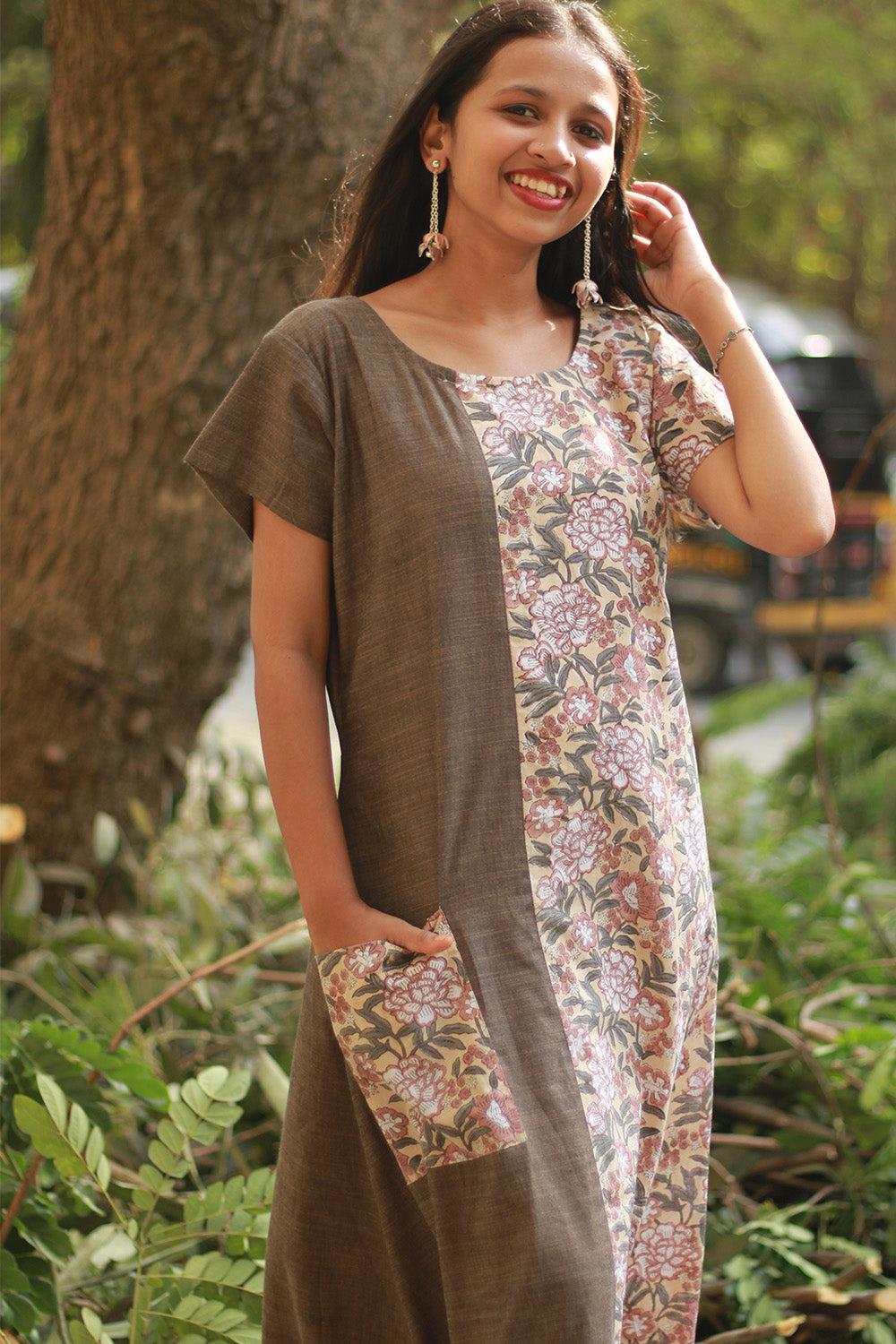 Sukoon | Midi Dress | Brown with Floral Sanganeri