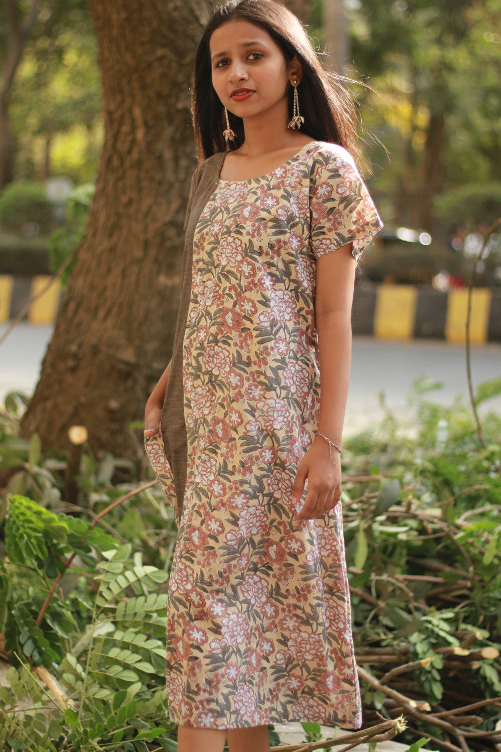 Sukoon | Midi Dress | Brown with Floral Sanganeri