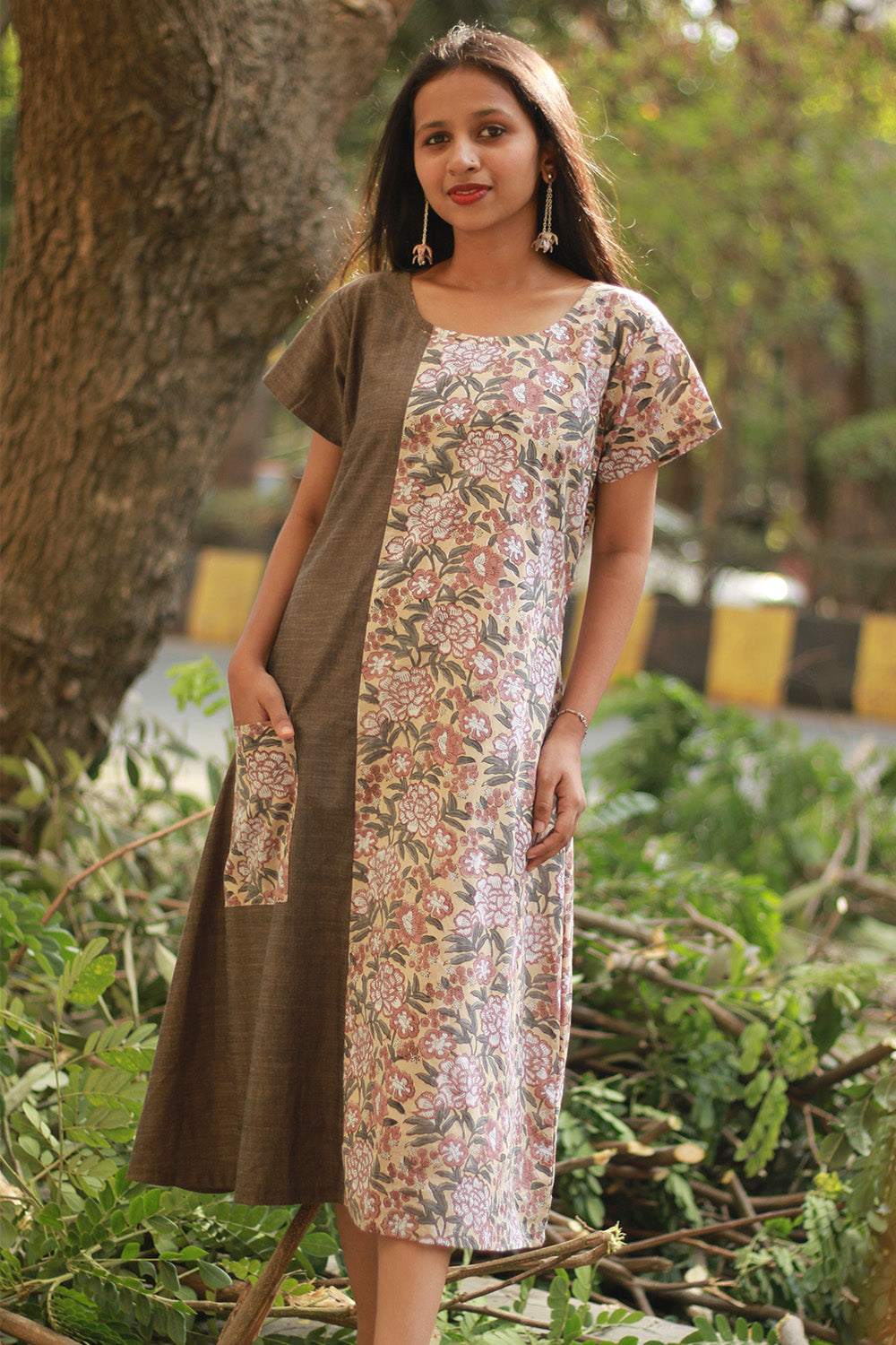 Sukoon | Midi Dress | Brown with Floral Sanganeri