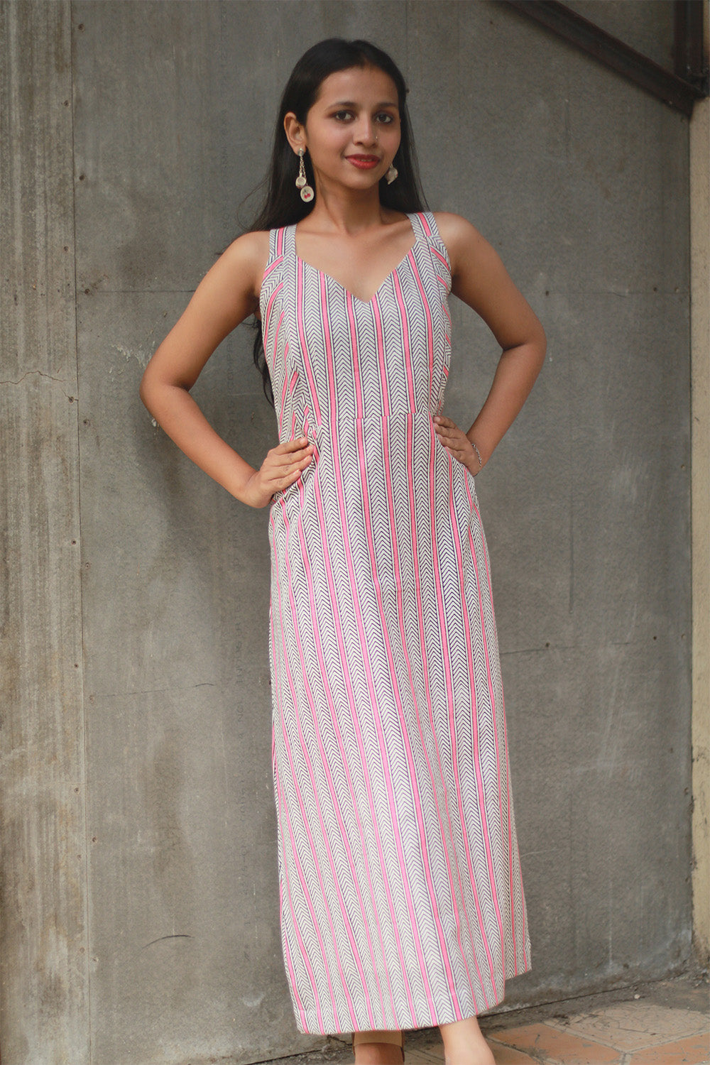 Mili | Sleeveless Dress | White and Peach Sanganeri