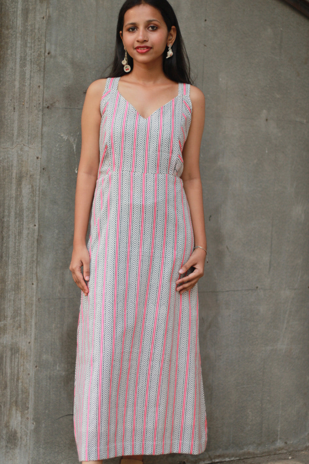 Mili | Sleeveless Dress | White and Peach Sanganeri
