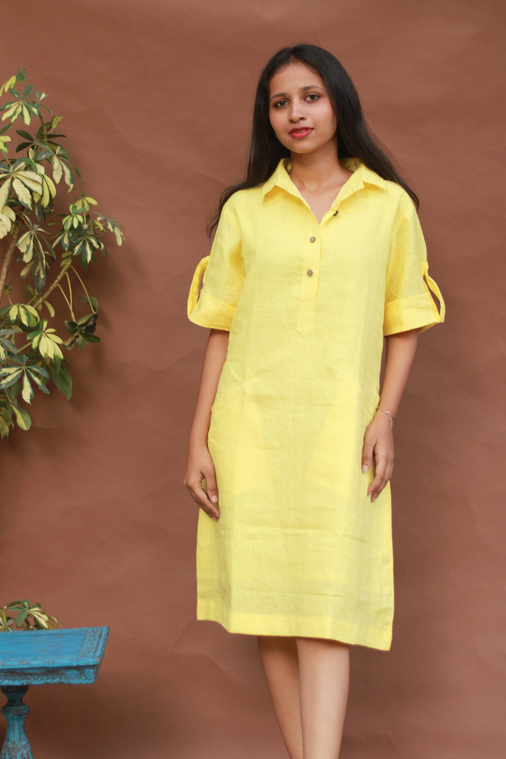 Collared Dress in Lemon Yellow Linen