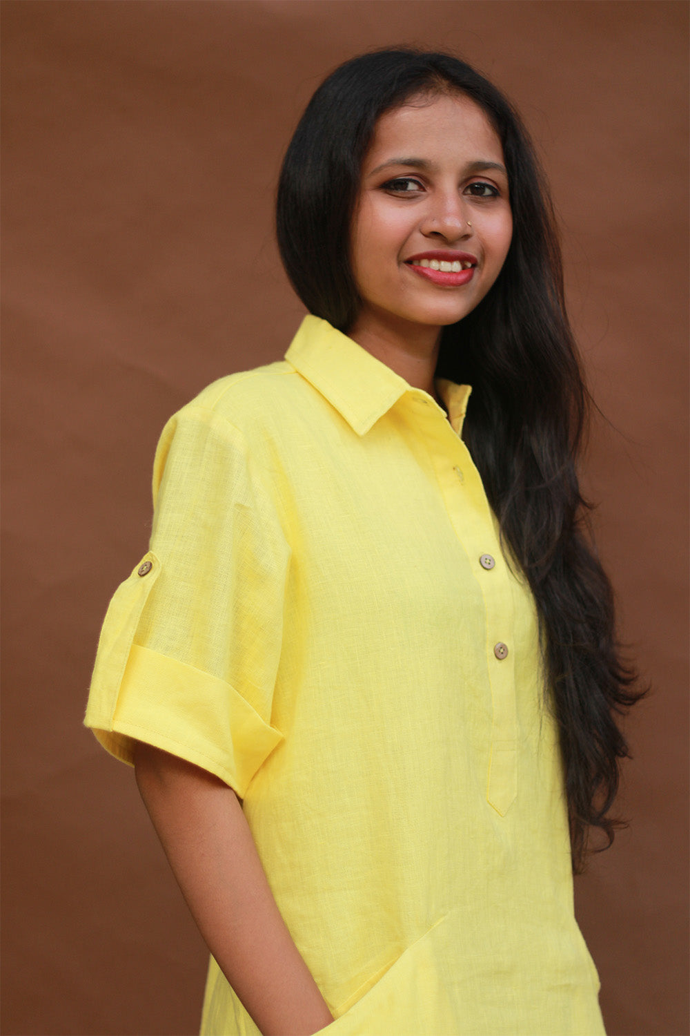 Collared Dress in Lemon Yellow Linen