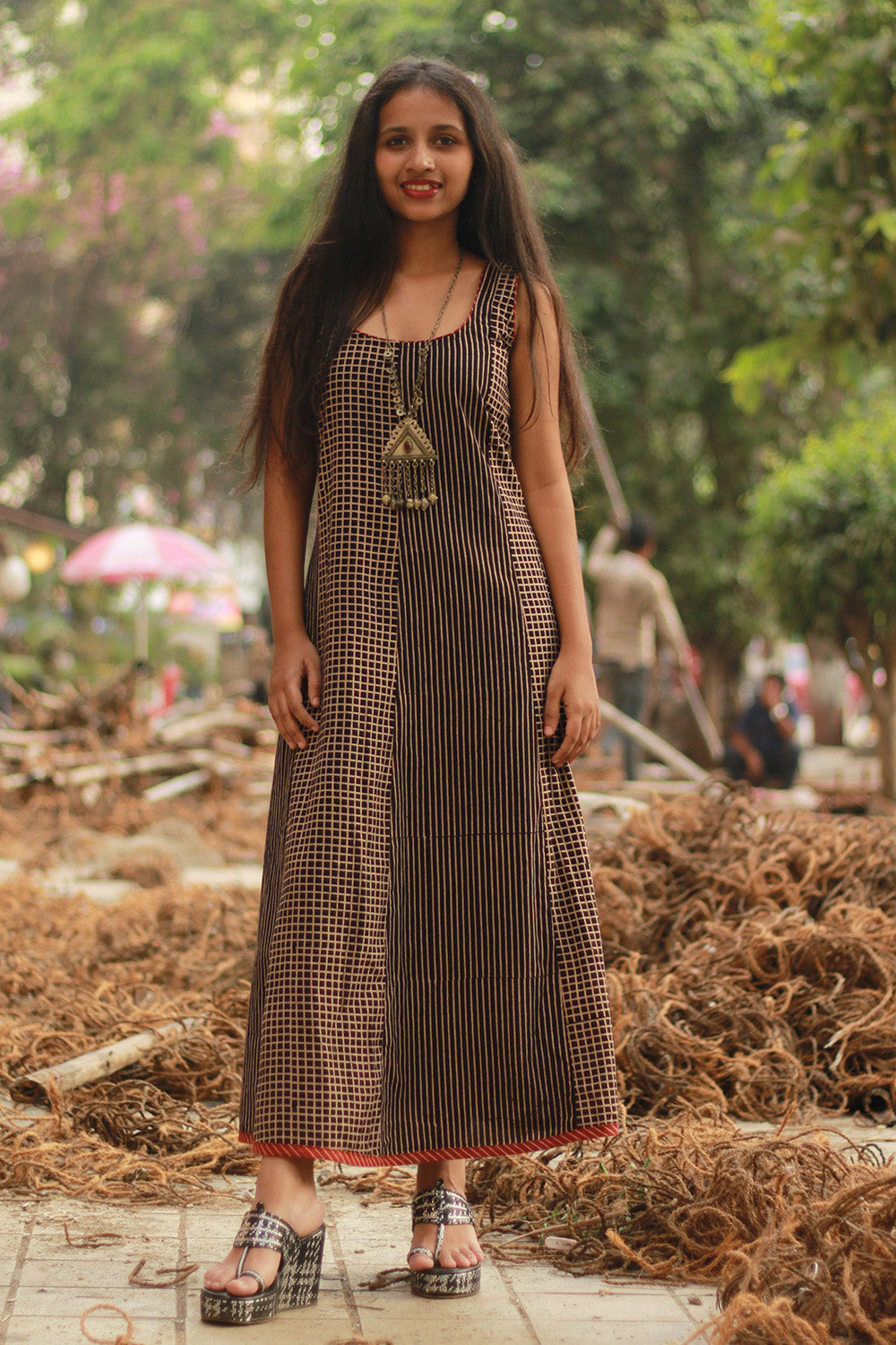 Dhaariyan | Sleeveless Kali Dress | Noir Checks & Stripes Ajrakh