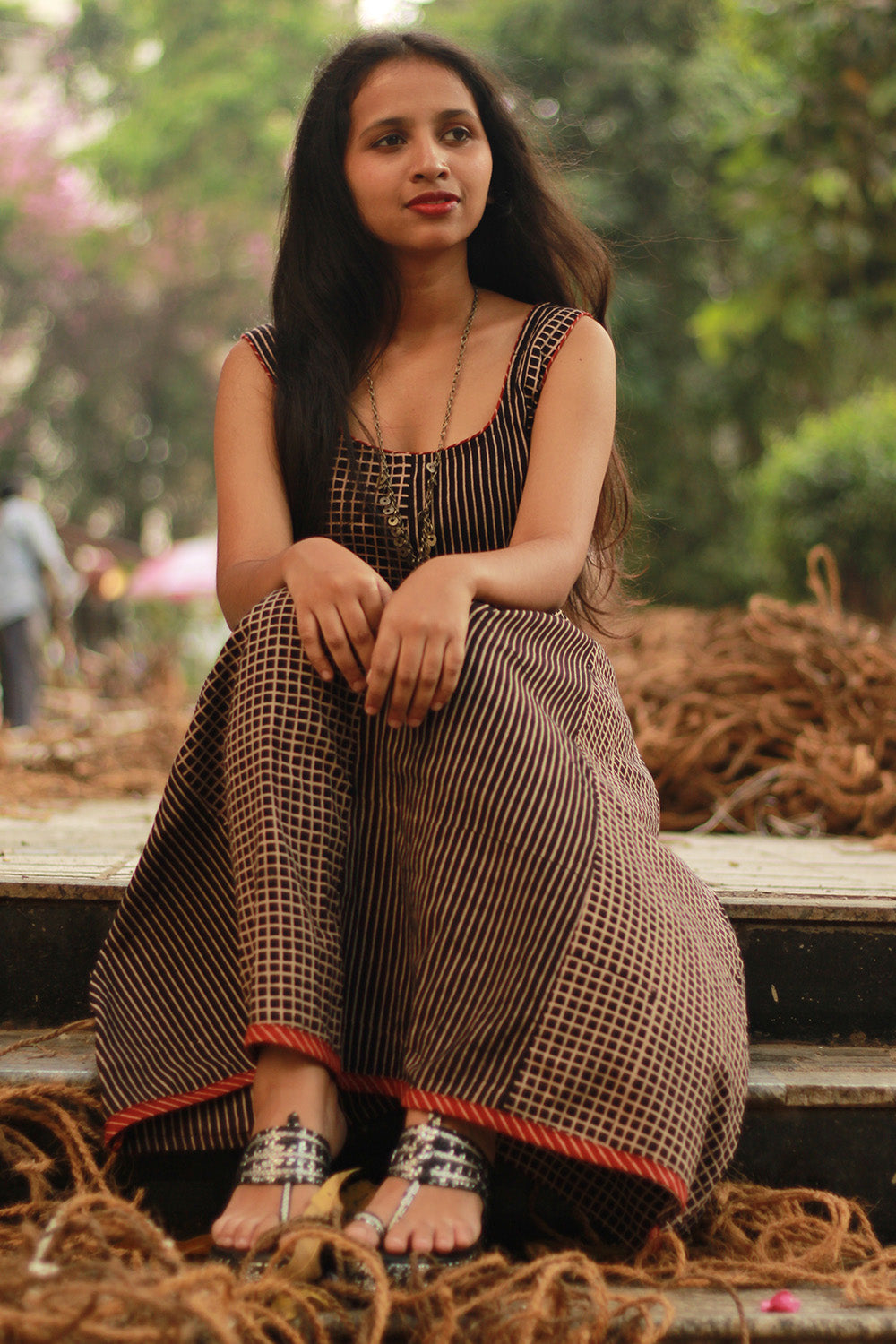 Dhaariyan | Sleeveless Kali Dress | Noir Checks & Stripes Ajrakh