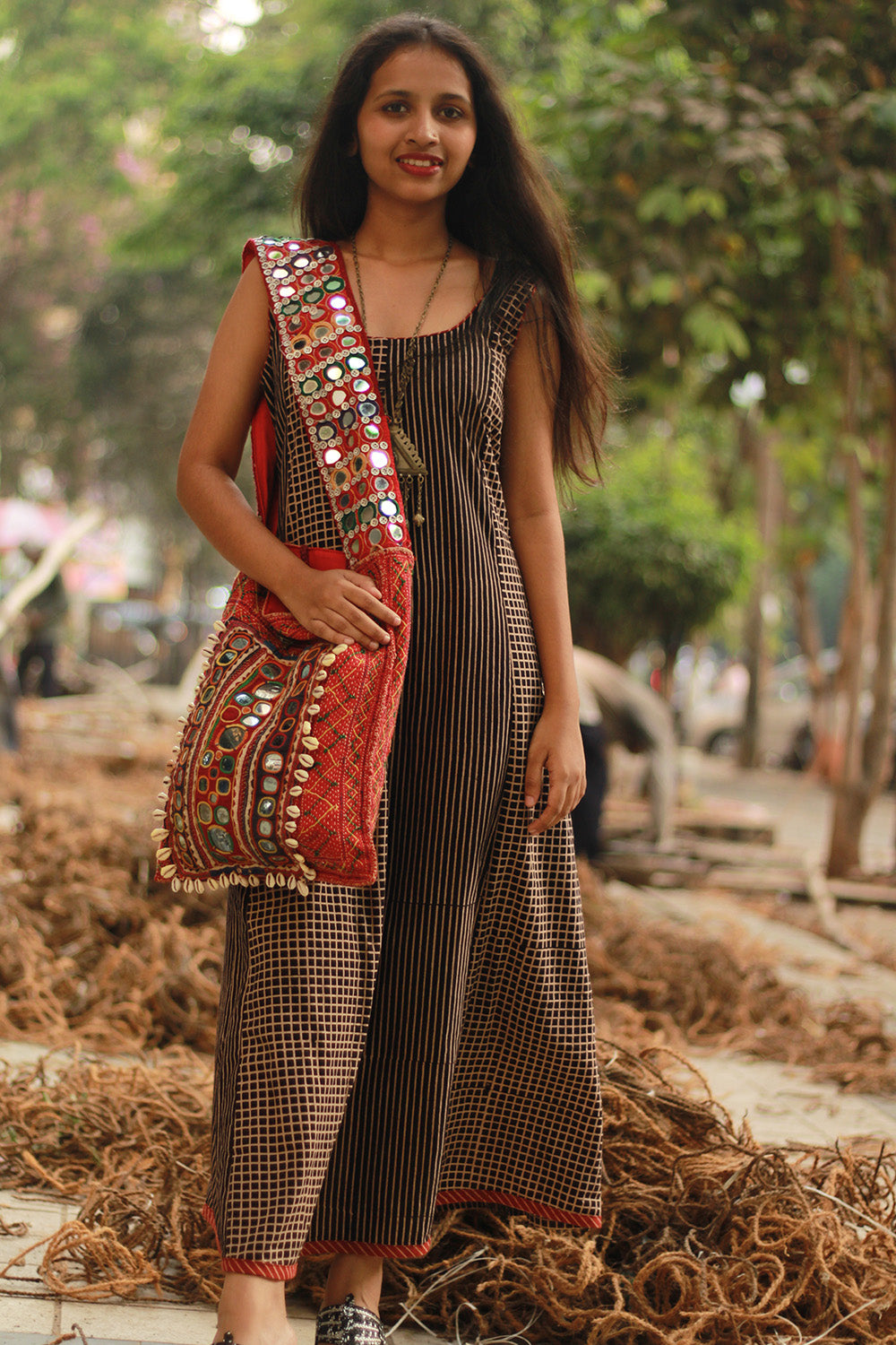 Dhaariyan | Sleeveless Kali Dress | Noir Checks & Stripes Ajrakh