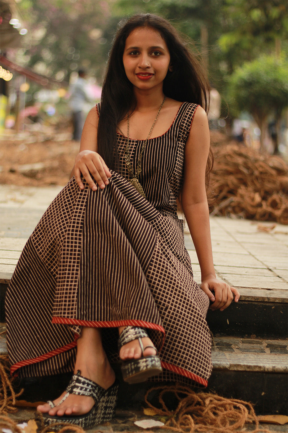 Dhaariyan | Sleeveless Kali Dress | Noir Checks & Stripes Ajrakh