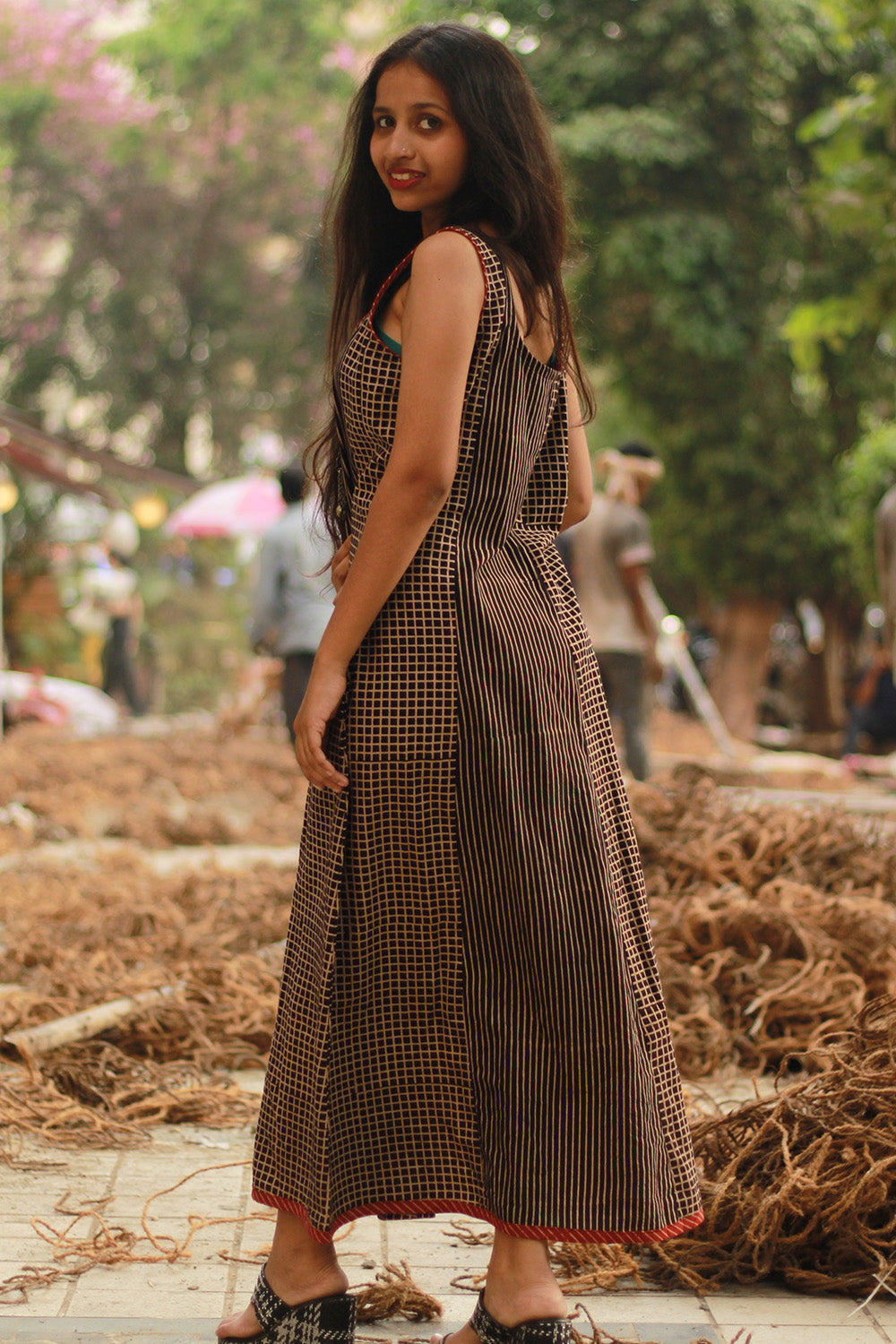 Dhaariyan | Sleeveless Kali Dress | Noir Checks & Stripes Ajrakh