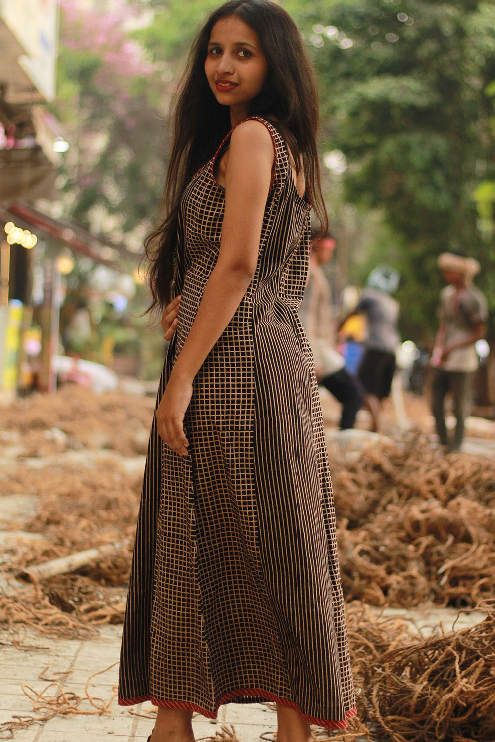 Dhaariyan | Sleeveless Kali Dress | Noir Checks & Stripes Ajrakh