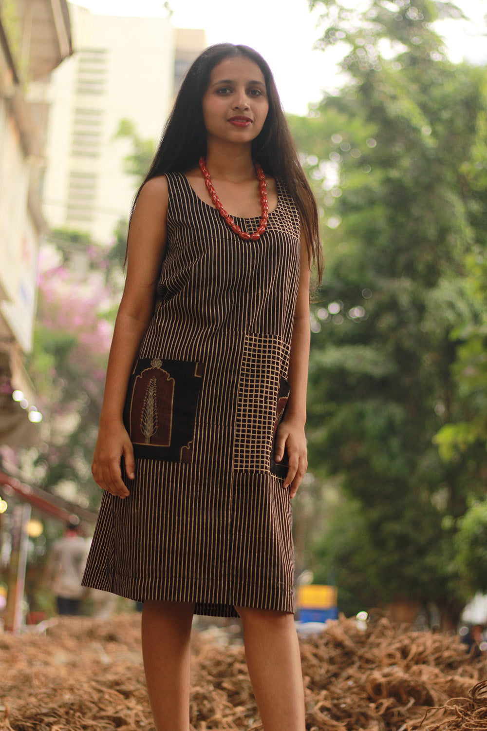 Dhaariyan | Sleeveless Short Dress | Noir Checks Ajrakh