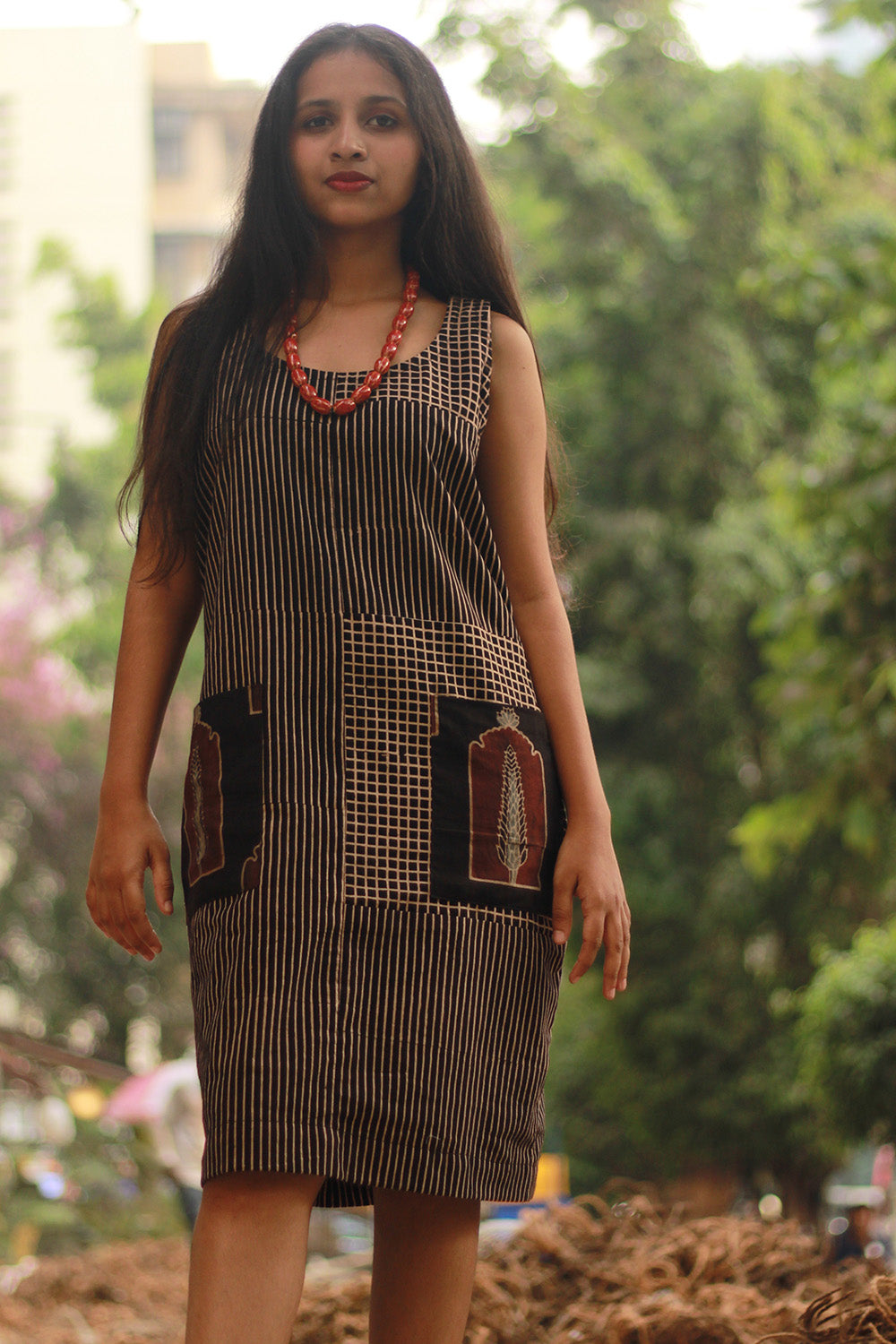Dhaariyan | Sleeveless Short Dress | Noir Checks Ajrakh