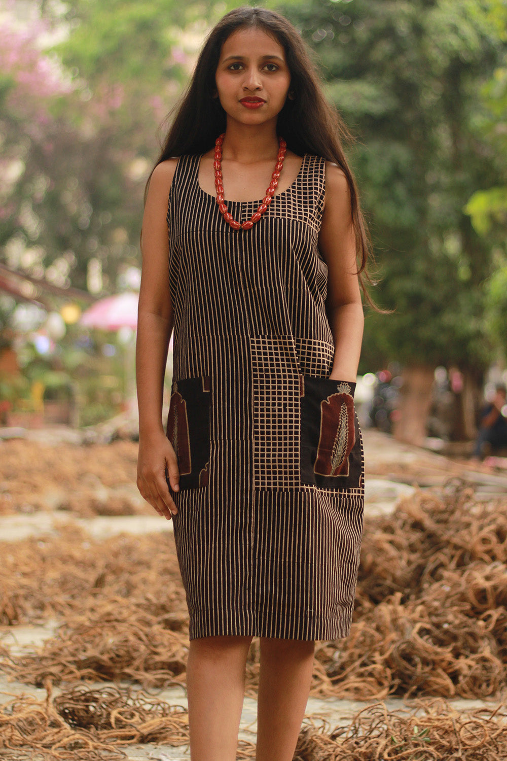 Dhaariyan | Sleeveless Short Dress | Noir Checks Ajrakh