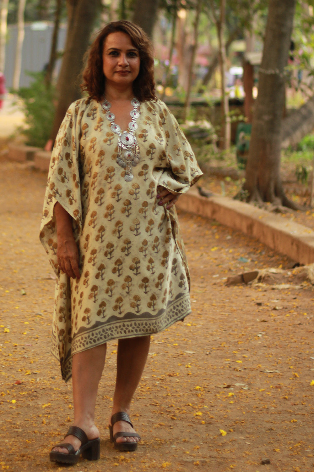 Sitaara | Modal Silk Kaftan | Almond Bagru Vanaspati