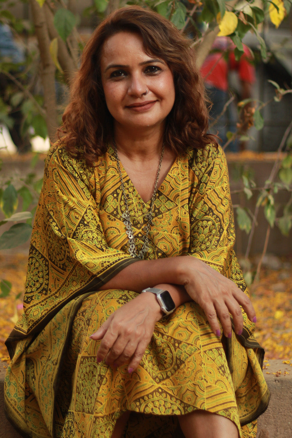 Sitaara | Modal Silk Kaftan | Yellow Geometric Ajrakh