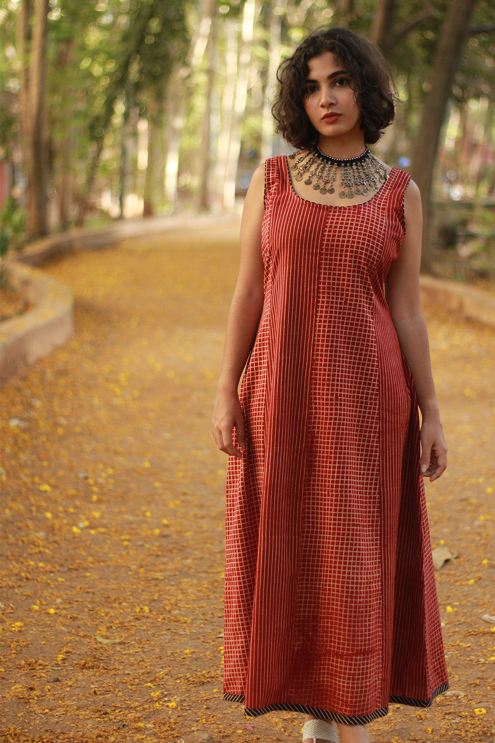 Dhaariyan | Sleeveless Kali Dress | Madder Stripes Ajrakh