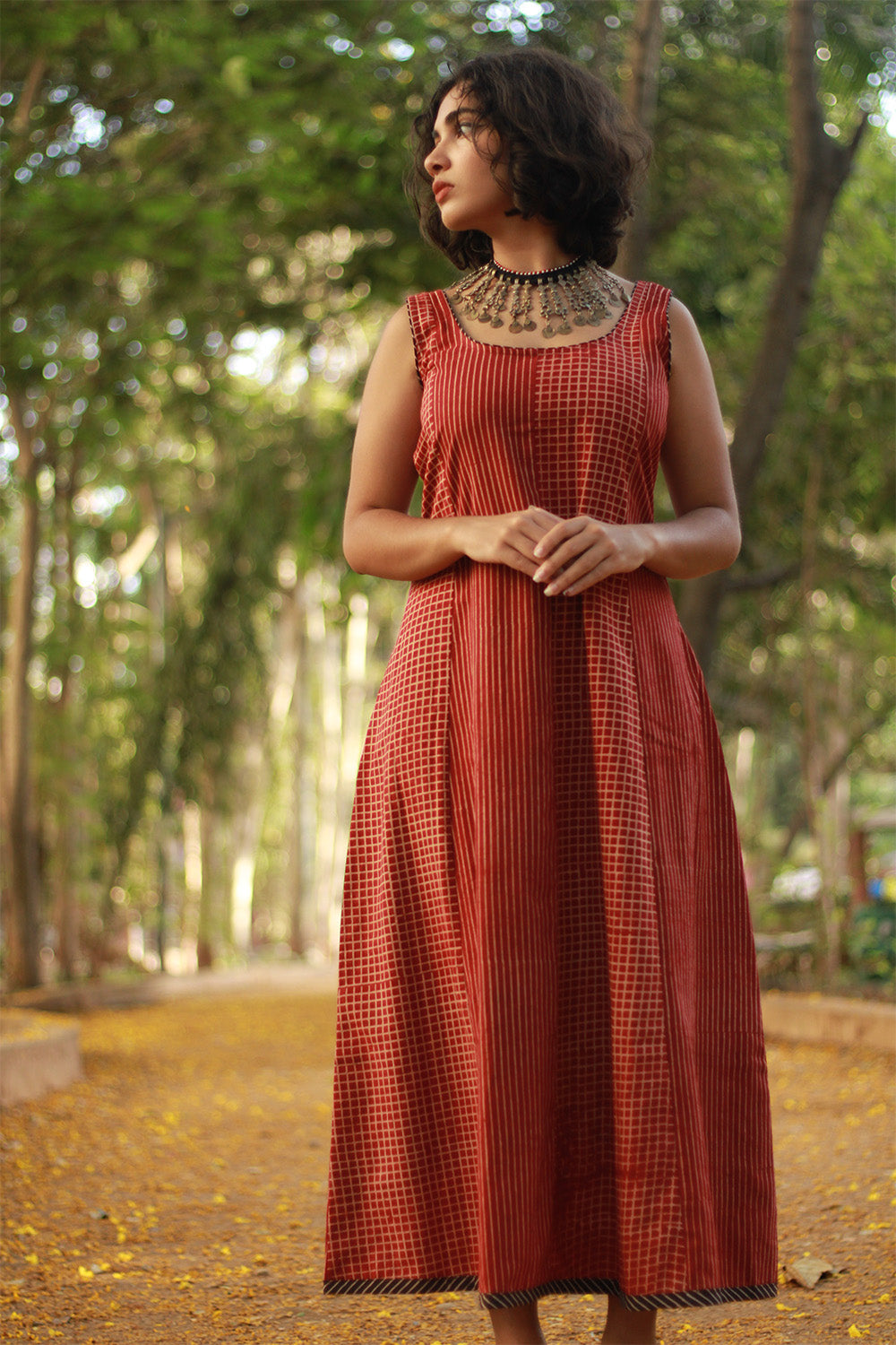 Dhaariyan | Sleeveless Kali Dress | Madder Stripes Ajrakh