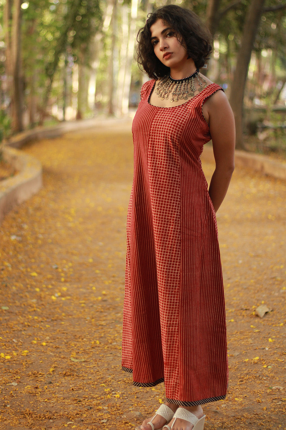 Dhaariyan | Sleeveless Kali Dress | Madder Stripes Ajrakh