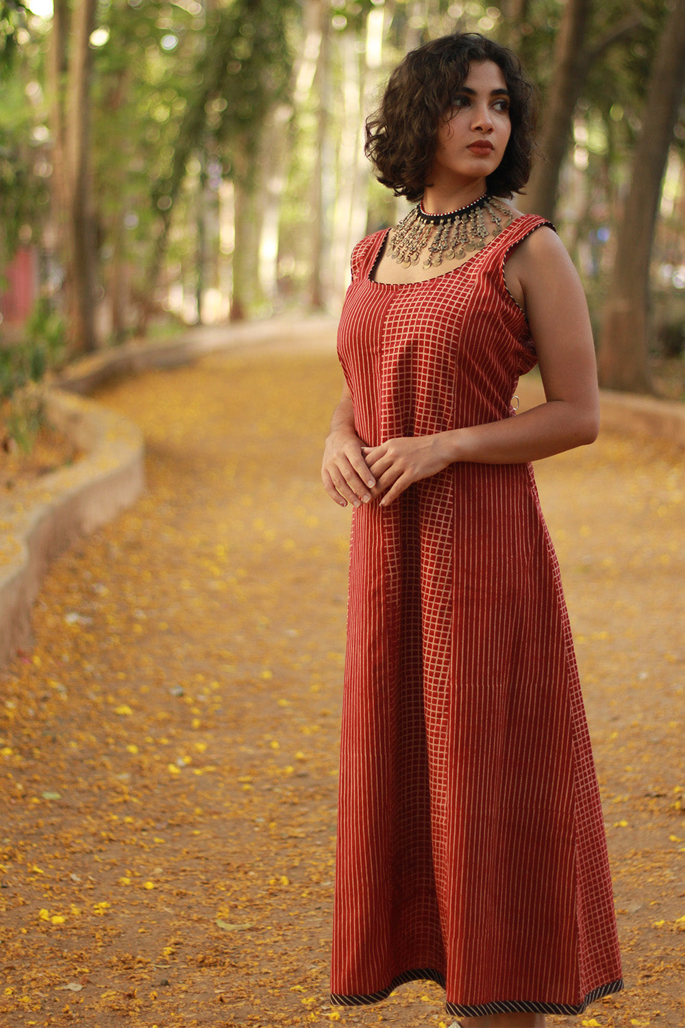 Dhaariyan | Sleeveless Kali Dress | Madder Stripes Ajrakh