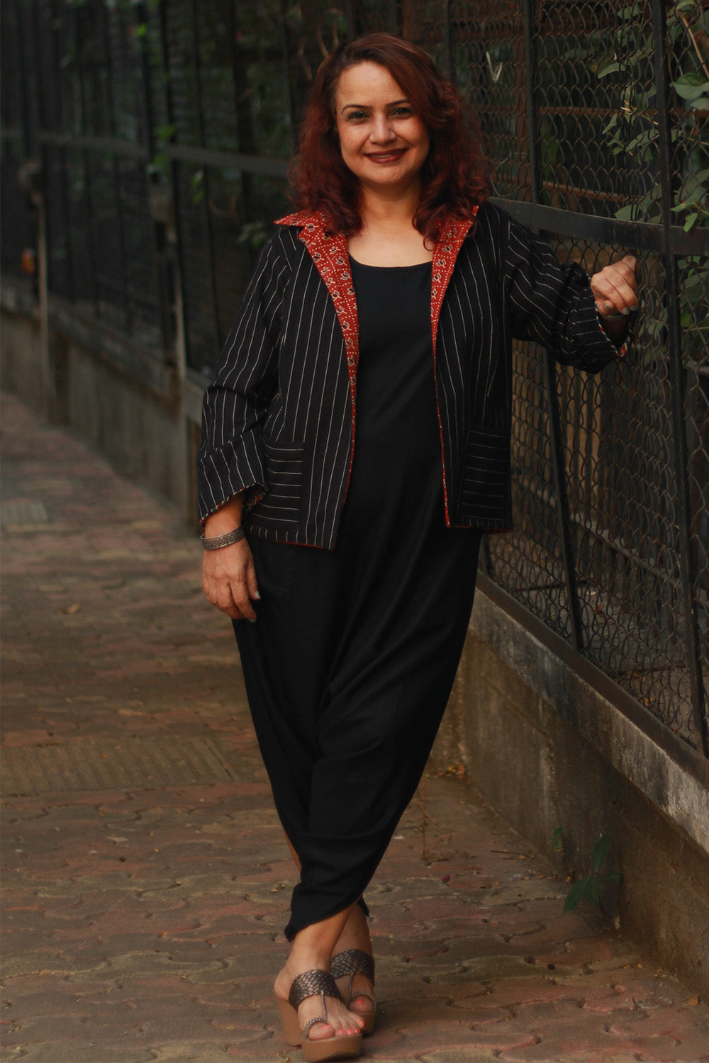 Dohra | Reversible Jacket | Rust Lotus Ajrakh / Noir Stripes