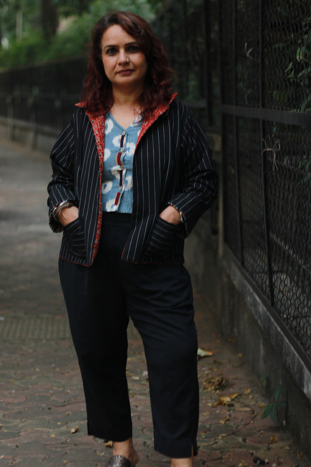 Dohra | Reversible Jacket | Rust Lotus Ajrakh / Noir Stripes