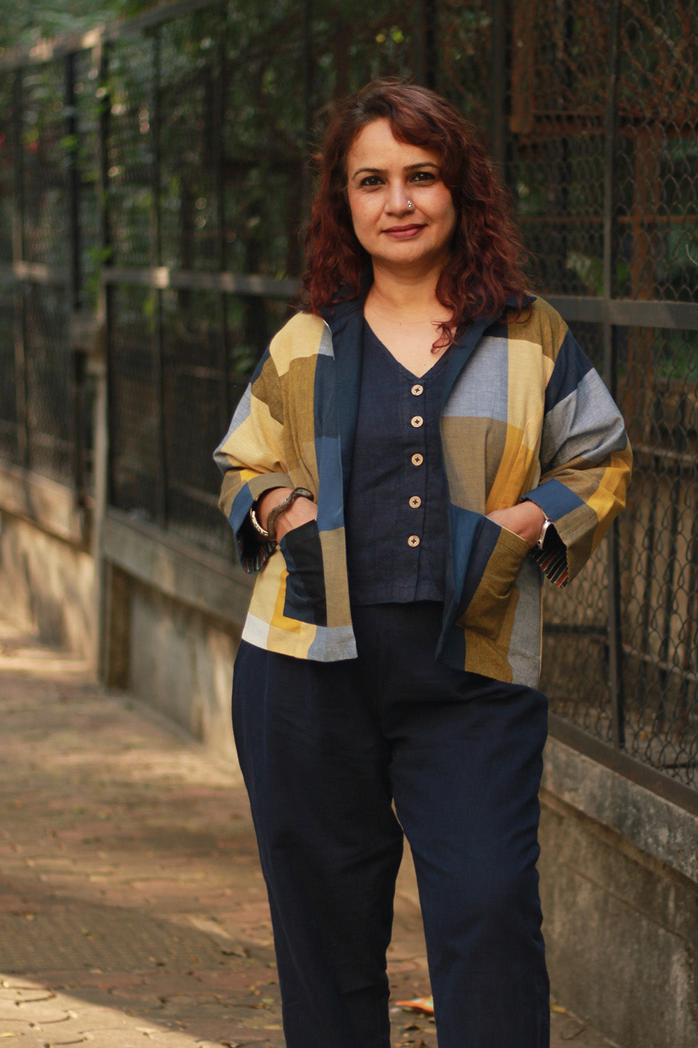 Dohra | Reversible Jacket | Checkered Medley / Simply Blue with Ajrakh