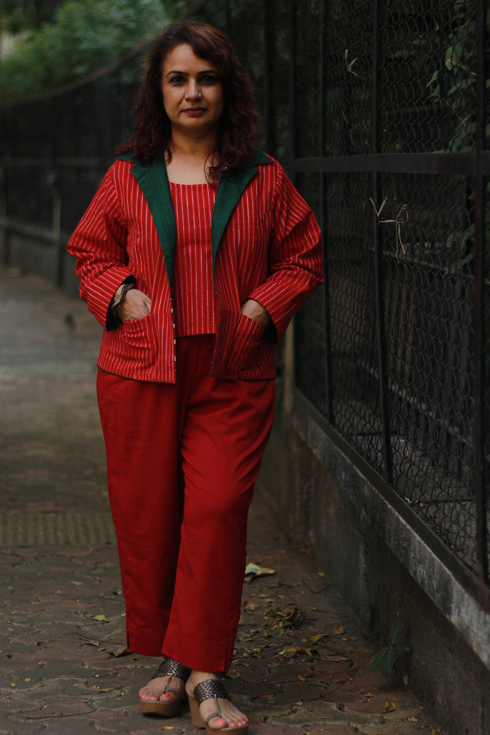 Dohra | Reversible Jacket | Rouge Stripes / Green